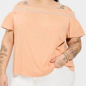 Cotton Modal Jersey Off Shoulder
Smocked Yoke Top - Peach Bloom Color